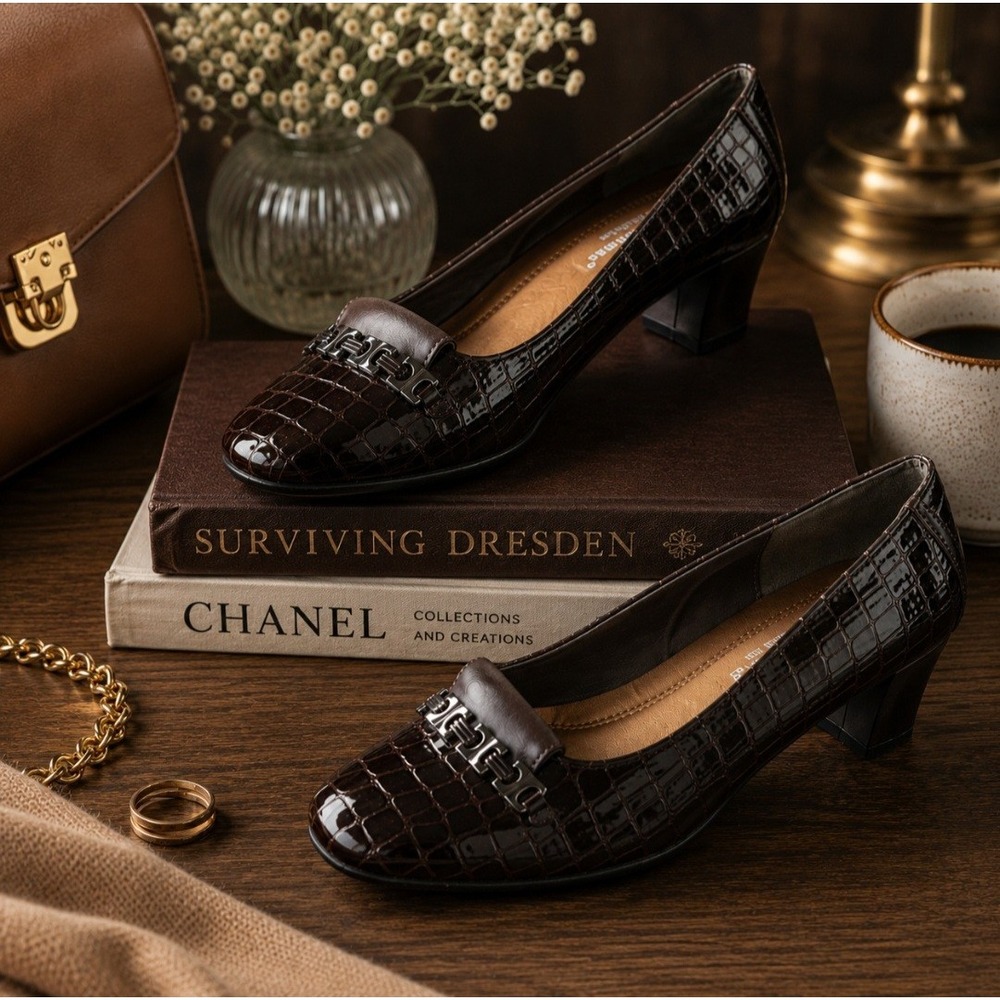 Pierre Dumas Flexibles Women's Brown Croc Embossed Block Heel Pumps Size 9M